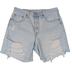 Levis 501 Shorts Mens‎ 30 Light Wash Distressed Denim Button Fly Raw Hem Ripped